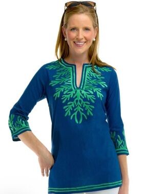 Gretchen Scott Blue Tunic Top with Green Embroidery
